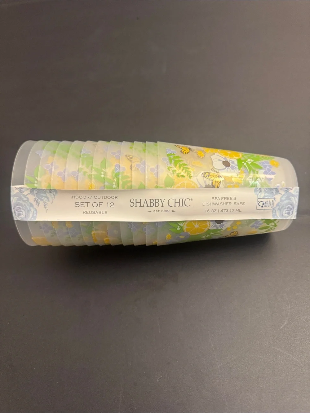 12pc SHABBY CHIC Citrus/Butterfly Floral Reusable Plastic Cups - 16oz